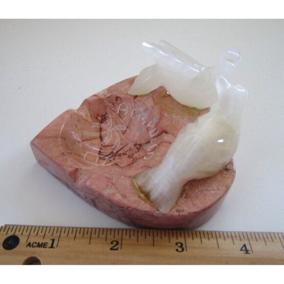 Mexican Souvenir White Alabaster Birds Pink Granite Stone Heart Ashtray Handmade - Picture 11 of 11